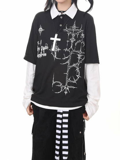 Two-Piece Top Cross Long Sleeve Black Punk Print Faux with