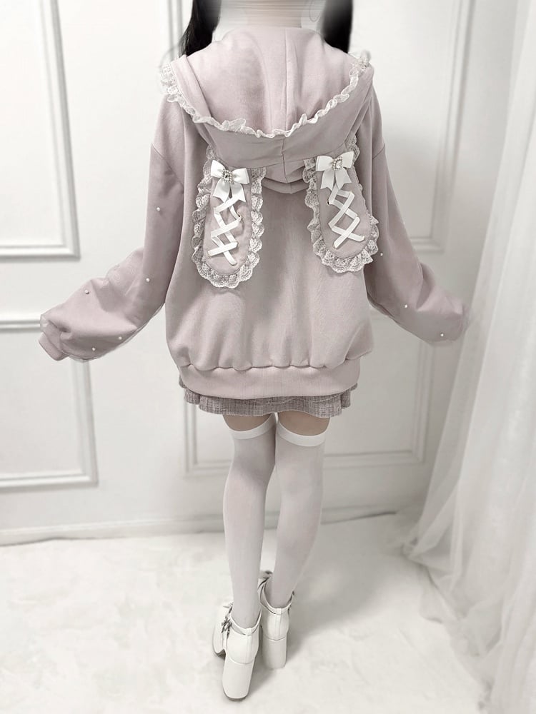 Kei Sweet Hoodie: Jirai Detailed with Edgy Dusty Pink Bunny-Ear Beadwork