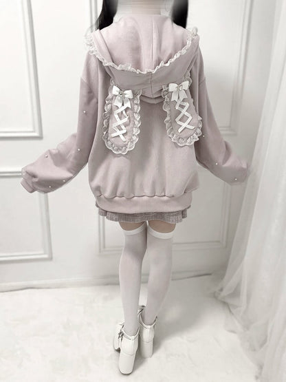 Kei Sweet Hoodie: Jirai Detailed with Edgy Dusty Pink Bunny-Ear Beadwork
