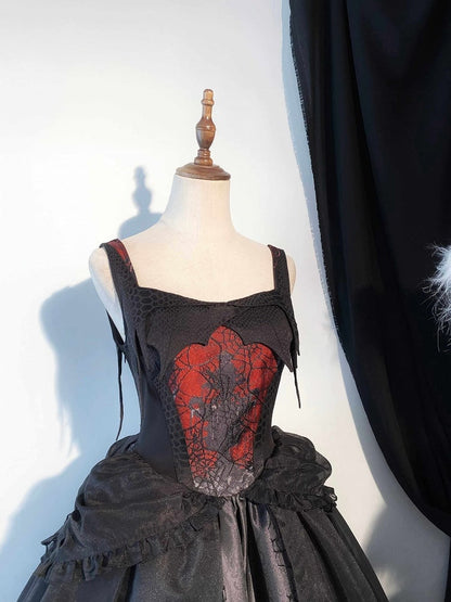 with Layered Gothic Lolita Irregular JSK Dress Red Overlay Black