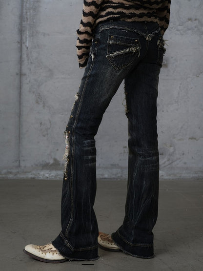 Karierte Distressed Patches Jeans Saum Punk mit ausgefranstem Black Wash Cross