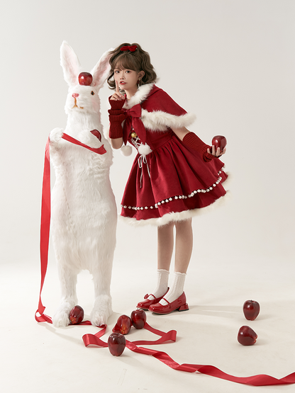 Detachable Plush Sweet Bow Cape Charm Lolita with Pompon Red Christmas Wine Trim