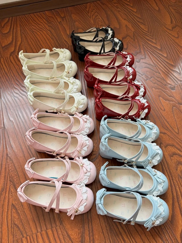 - Heart Bow Lace Janes on Red Details Heeled Lolita Mary Charm 5cm Sweet