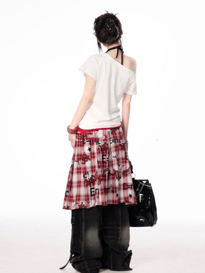 Y2K Letter Print White/Gray Asymmetrical Neckline T-shirt