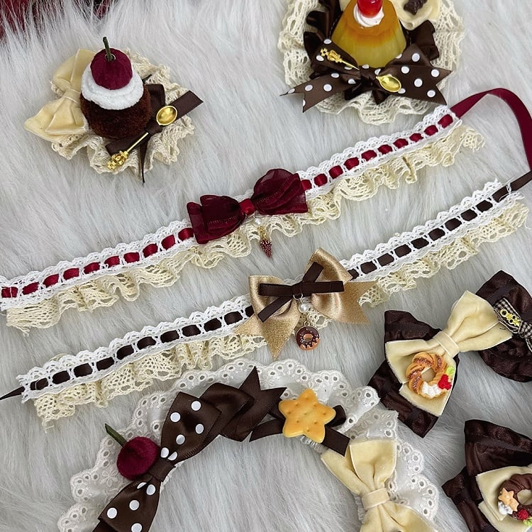 Brown/Pink/Red Pendant and Lolita Choker with Sweet Bow Lace