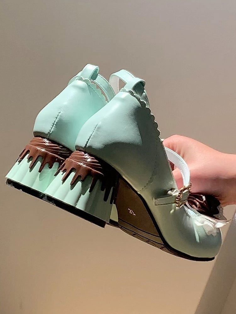 in PU Design Mid-heel Toe Round Shoes Green Brown Sweet Lolita with