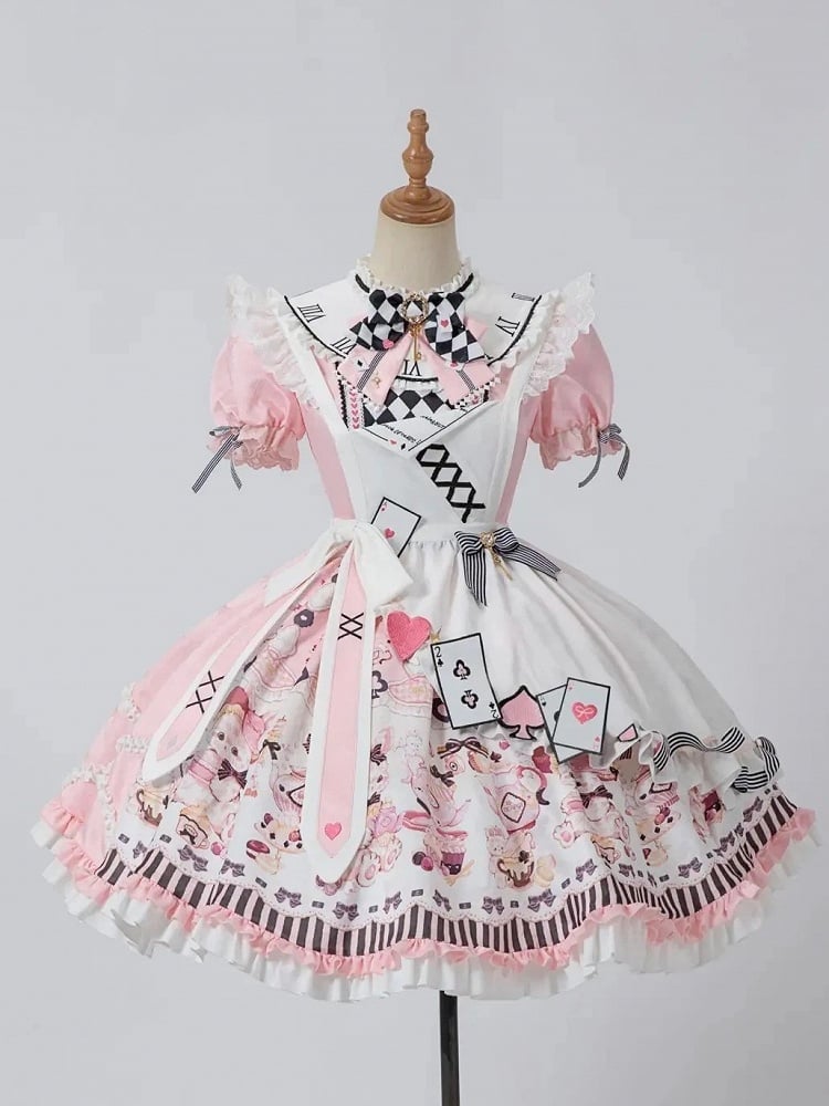 Sweet Lolita Apron Dress OP Full Set with Bunny & Teapot Print in Pink - Ying Luo Fu