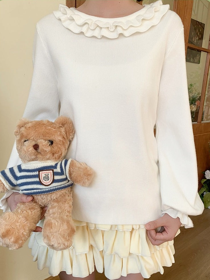 White Sweet Long Sleeve Blouse with Ruffle Cuffs and Neckline - Lan Jian Chuan