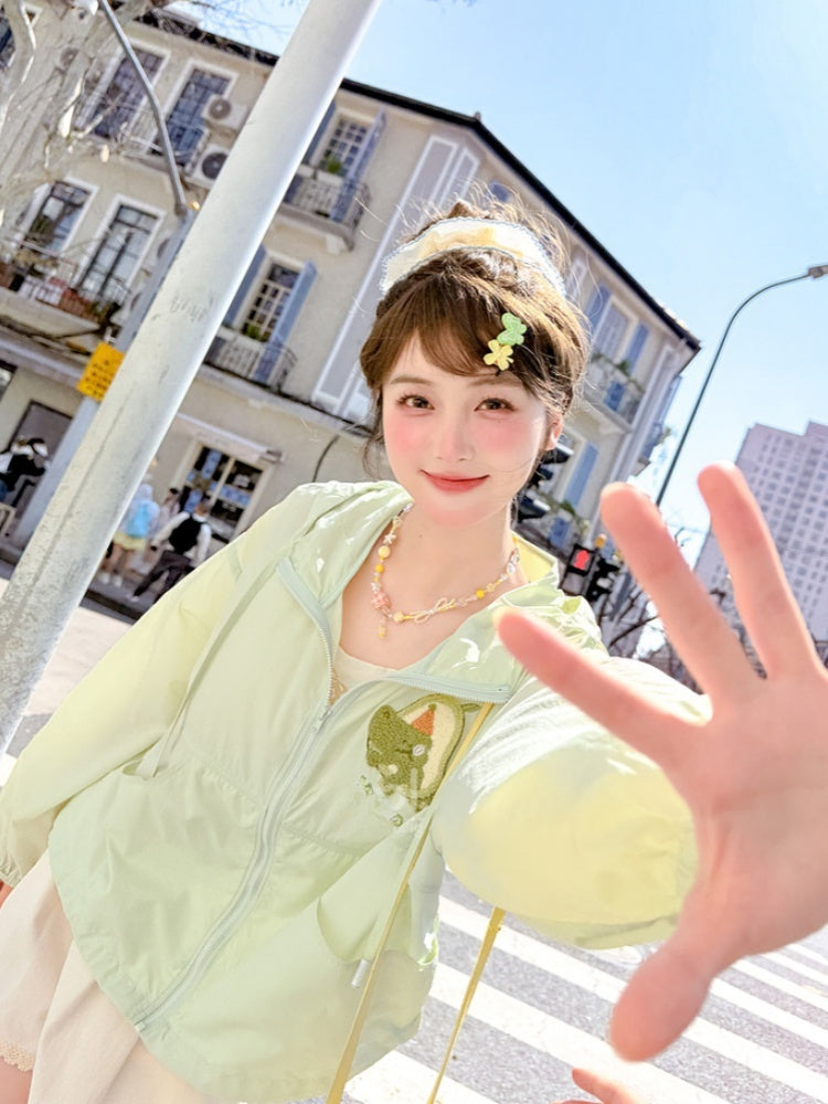 ジャケット 日焼け止め フード付き ゆめかわいい ライトグリーン アボカドアップリケ
