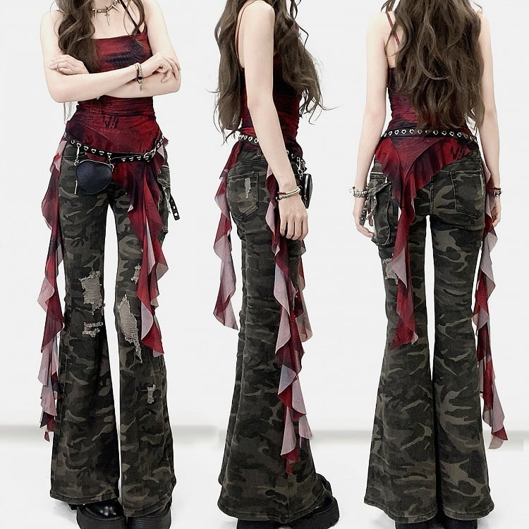 Wine Cascading Red Ruffle Hem Dye Tie Cami Design Top Asymmetrical Accents