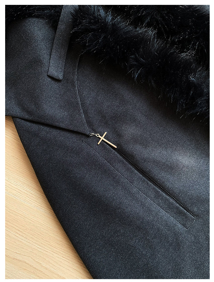 Witch Trim Cross with Fur Autumn for and Faux Winter Lolita Gothic Charms Black Cloak