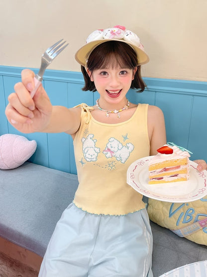 セルフタイイエローパピー刺繍レタス裾タンクトップストラップショルダー付き