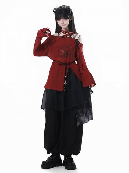 Hem Slit Neckline Red Coverup Lace-up Graphic Asymmetrical