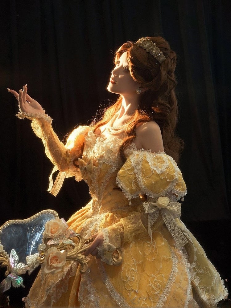 Hanayome Details Bow Yellow Layered Lace Gown and Ruffles Version with Short Lolita Hime Off-Shoulder