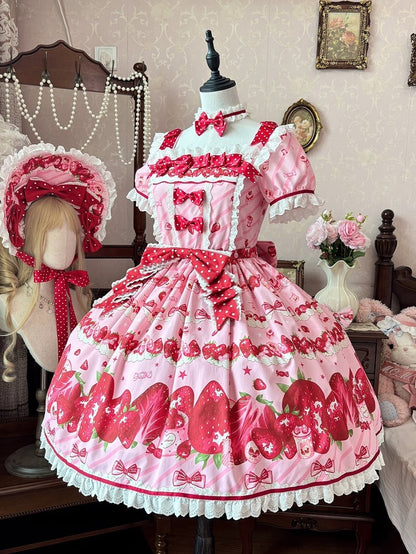 Set Erdbeerkleid Sweet Lolita Kurze Ärmel Volldruck Rosa