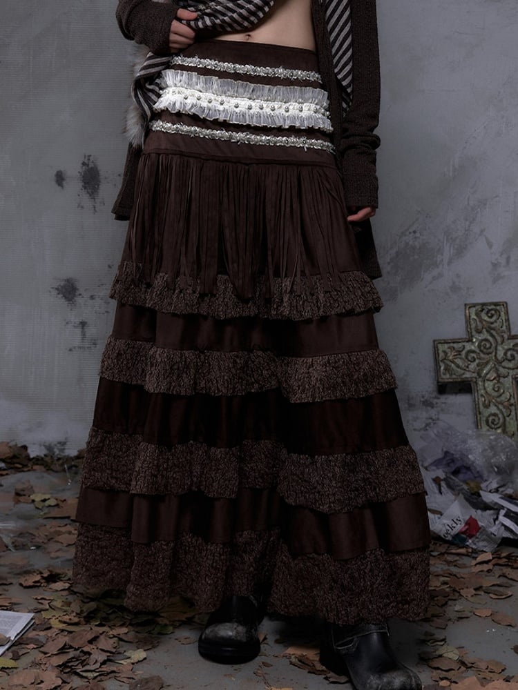with Layered Trim Waist Ribbon Skirt Vintage Brown Lace Bohemian Suede Bead