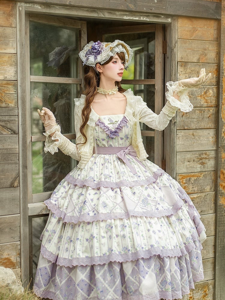 Purple Floral Cat Print Tiered Jumper Dress - With PUJI