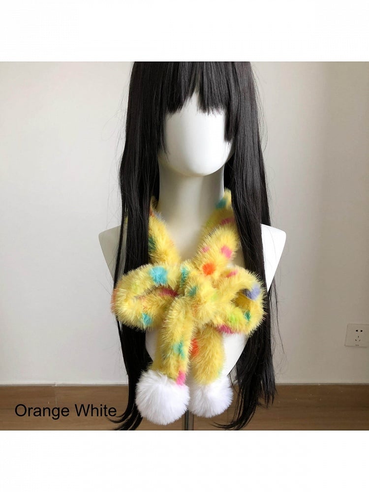 Yellow Plush Scarf with Spotted Pattern & Pom Pom Trim - freetrader