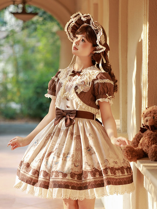 Braunes Lolita-Kleid mit Rüschen und Rundhalsausschnitt, Kitty- und Teddy-Print, Sweet Lolita OP