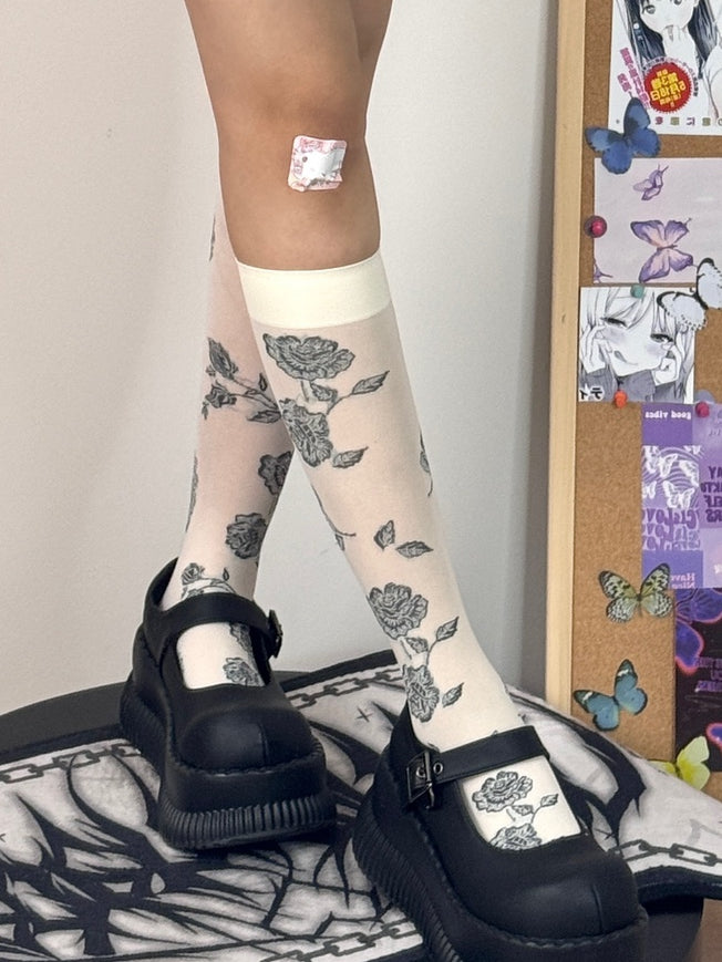 Muster Strümpfe Besatz Unterknie Schwarz/Weiß Gerippte Rosette