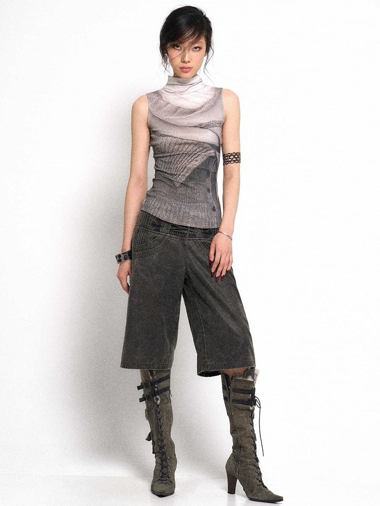 Vest Neck Knit Grey Mock