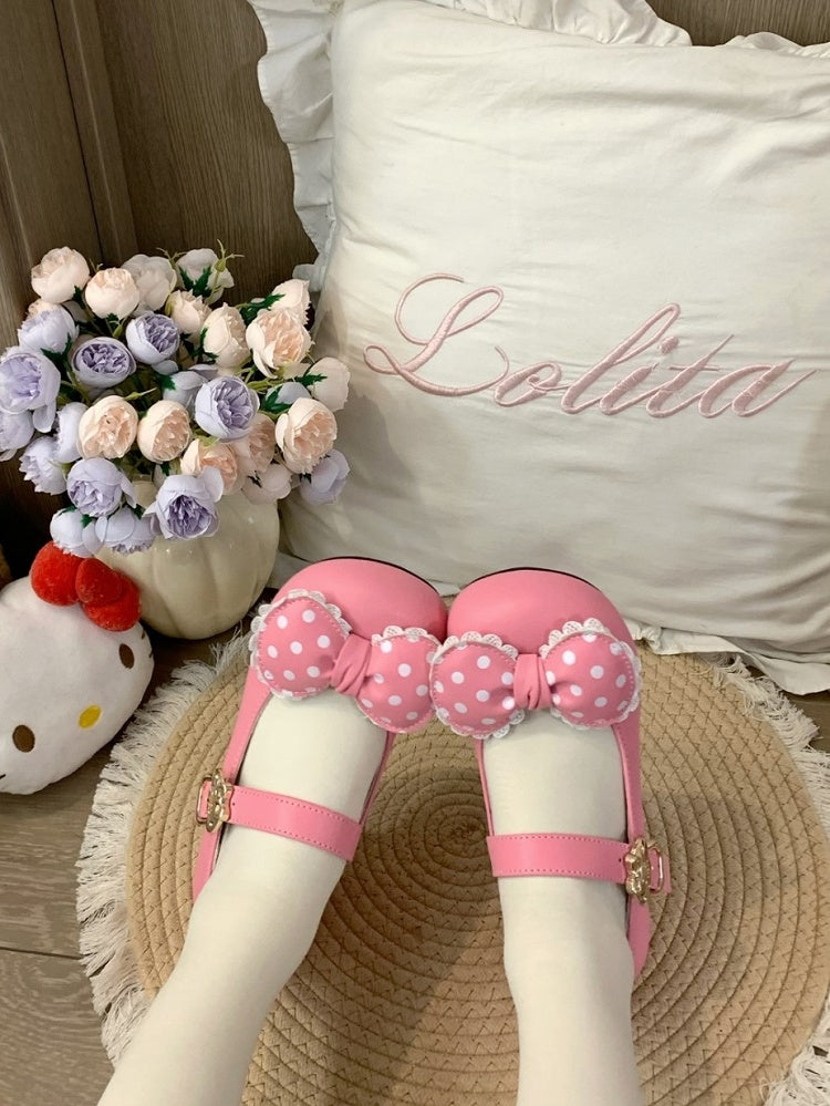 Lolita Shoes Deep Toe Heel Sweet Round 2cm/4cm Mary Accents with Pink Jane Bow