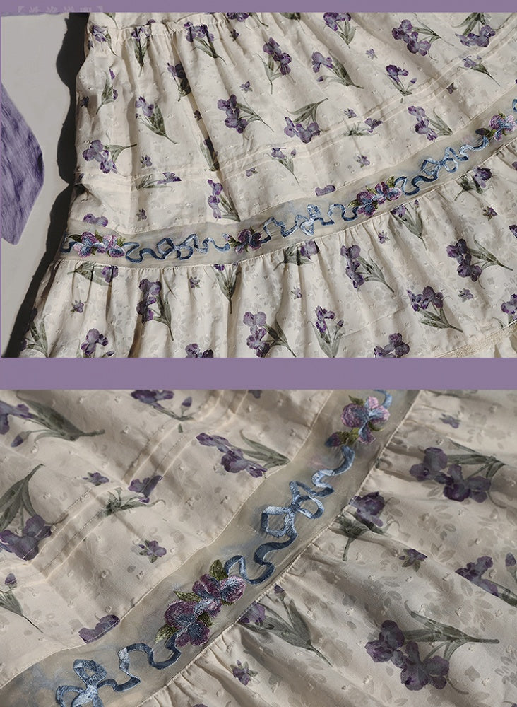 ネックラインジャンパースカート ベージュ オフショルダー パープルアイリス刺繍