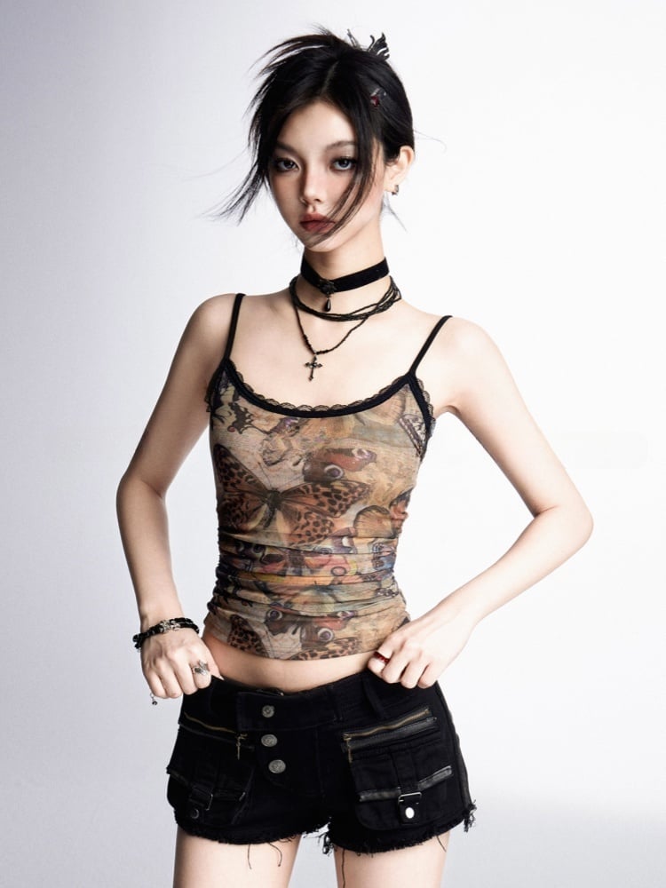 Mesh Cami Top Bittersweet Wasteland Punk Braun Schmetterlingsdruck
