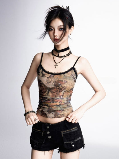 Mesh Cami Top Bittersweet Wasteland Punk Braun Schmetterlingsdruck