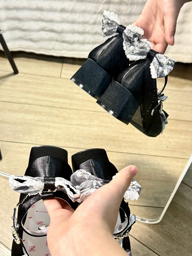 Mary Low - Satin with Lace Heart Sweet Heel Lolita Janes Trim Snap Black Beaded