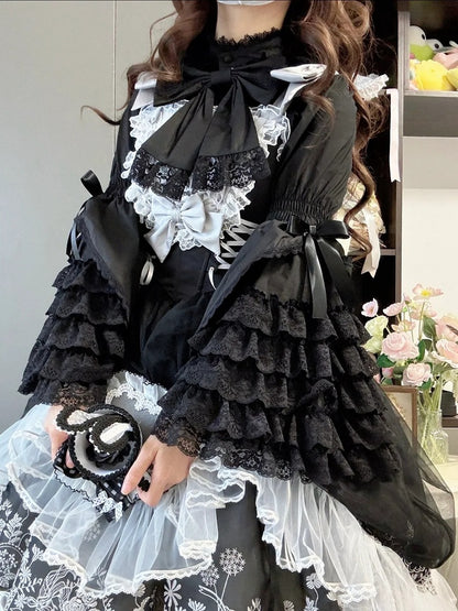 Layered Black Lolita Cotton Gorgeous Lace Bell Sleeves Blouse