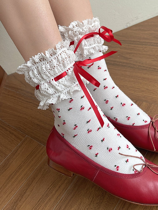 Socks Lolita WhiteRed Trim Print Lace Floral