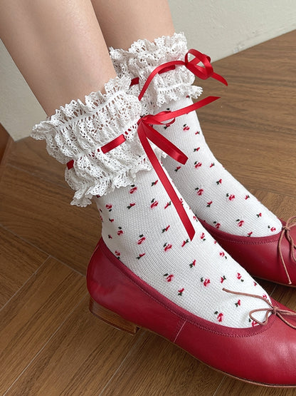 Socks Lolita WhiteRed Trim Print Lace Floral