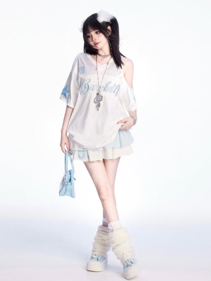 T-shirt Weiß V-ausschnitt Ausschnitt Schulter Brief Stickerei Lose