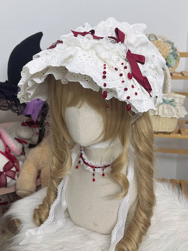 Lolita Rose Bonnet White Red Lace Bead Gothic Trim