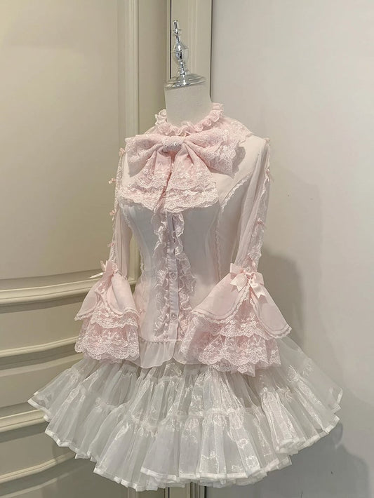 Small Pink Bows Ruffle Adorned Lolita Shirt 3/4 Sleeves Neckline