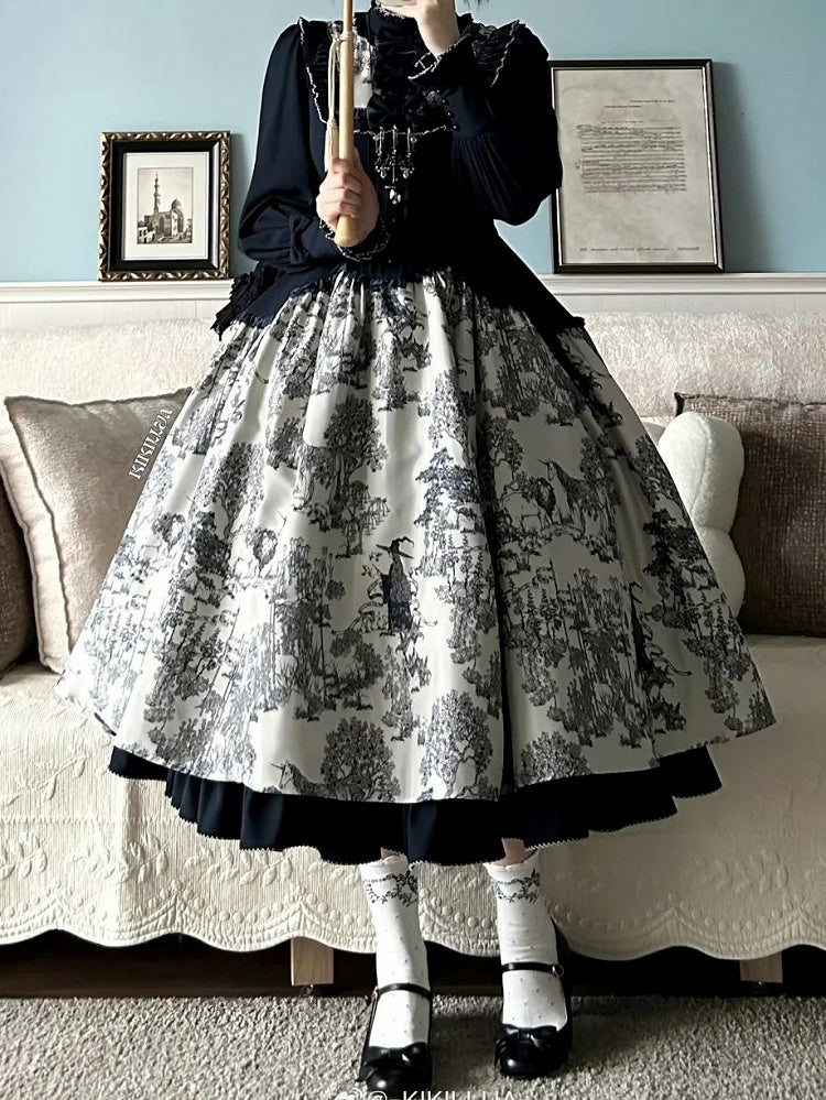 Piece Animals Lolita White Print Long-Sleeve One Dark Elegant Blue Forest