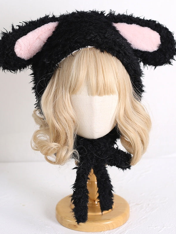 / Hat Plush Ear Bunny Cute Pink Black White