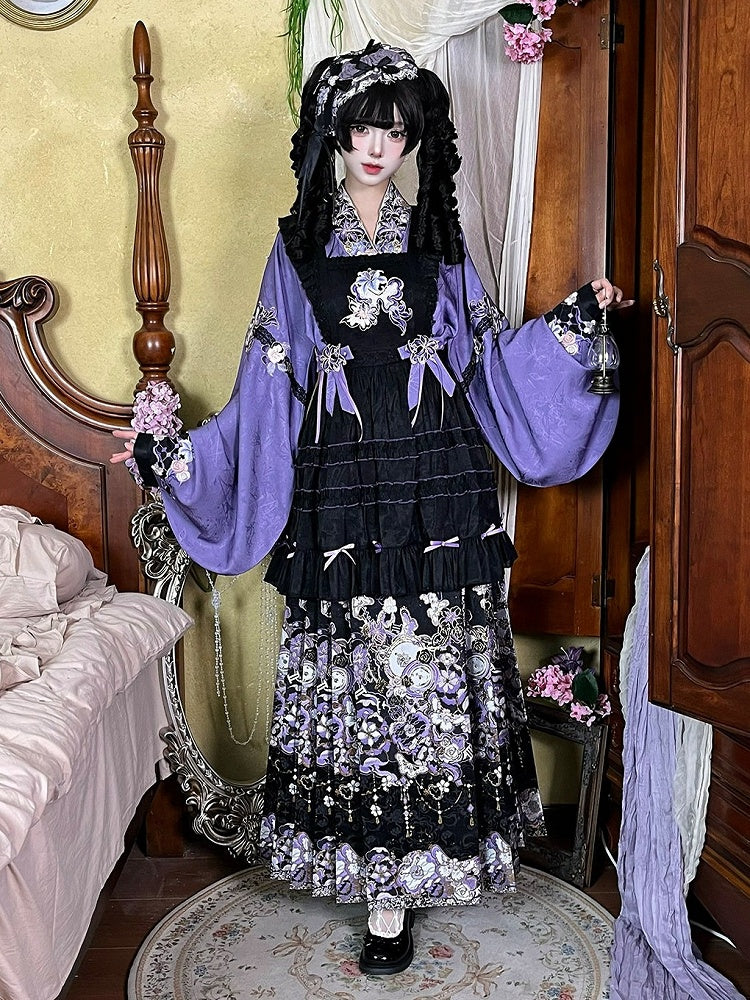 Purple Hanfu-Inspired Lolita Top with Jacquard Weave & Floral Embroidery - Hua Xian Ji Hanfu