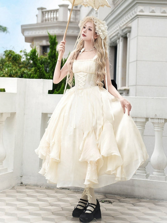 ロリータセット ロング フルドレス スカート バージョン ウエスト クラシック フリル カスケード ボーン ベージュ バスク