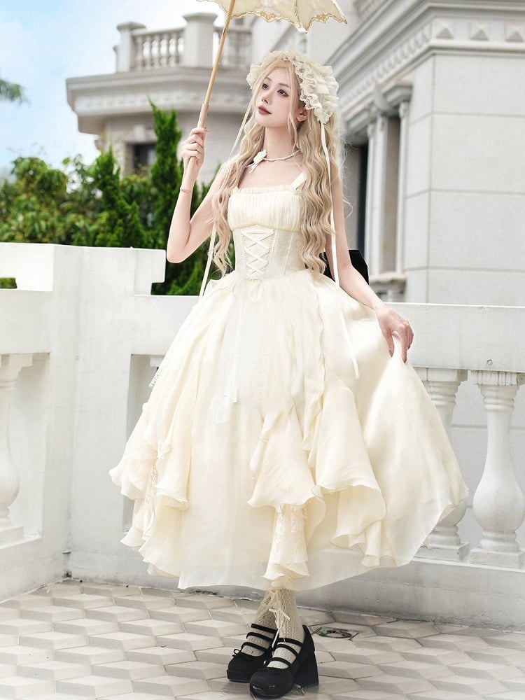 バージョンボーンフリルロリータベージュドレススカートウエストバスクロングカスケーディング