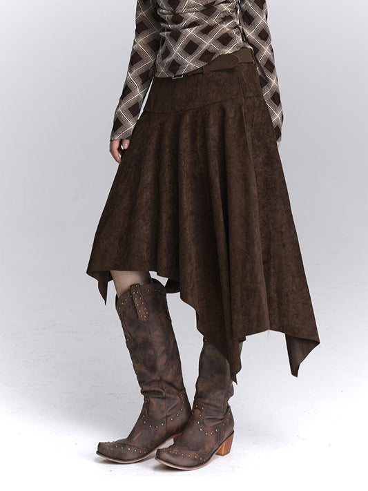 Coffee Belt Hem with Fashion A-Line Midi Skirt Suede Asymmetrical Maillard Handkerchief Matching
