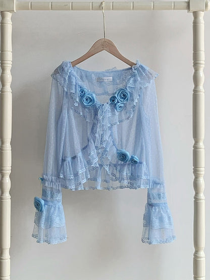 Sheer Dotted Flounce Trimming Sleeves Long Top Blue Tulle