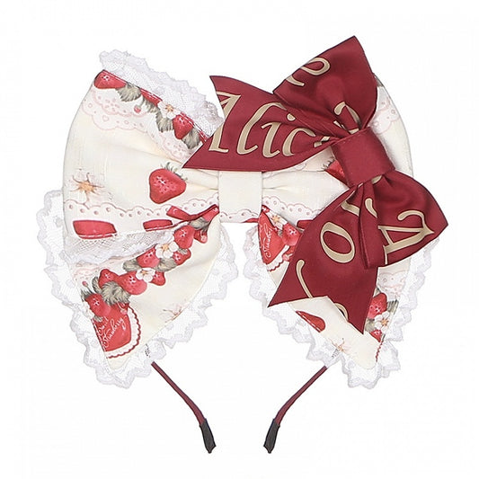 Wine Red Strawberry and Rabbit Print Lace Trim Big Bow KC