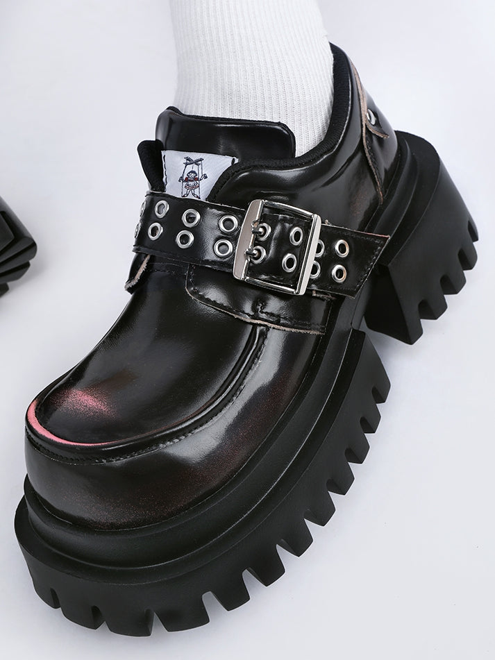 Punk Accents Heel Shoes - Black Block Buckle High Platform
