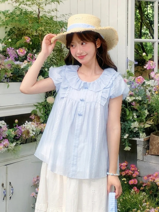 スイートライトブラウス ブルー ピーターパンカラー パフスリーブ