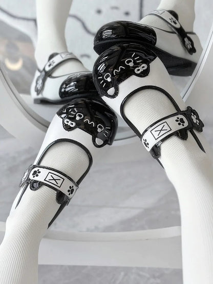 Print PU Round Flat Ear Paw Cute Stitching Mary Adorable - Toe Straps Black in Kitty with Cat Janes