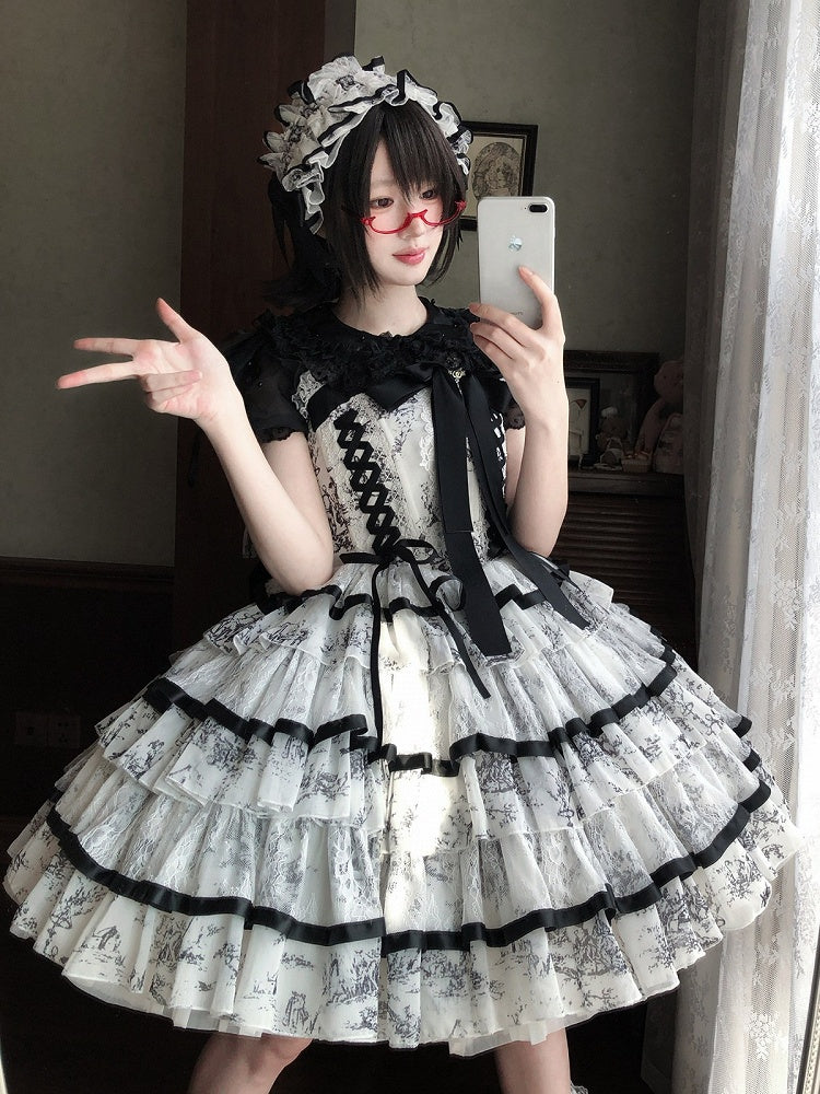 Elegant Hanayome-Style Black & White Porcelain-Inspired 92CM-Length Lolita Princess Dress - Sleepless Star