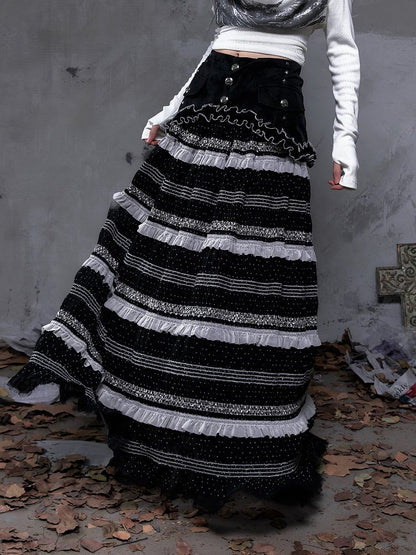 Polka Tulle Gothic Waistband with Hem Striped Studded A-Line + Length Skirt Dots Floor Black