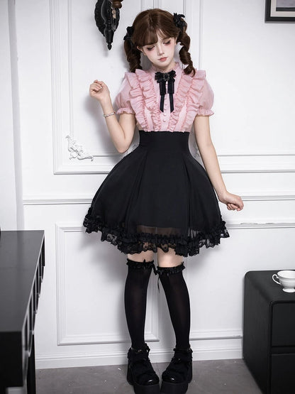 Pink Ruffled Blouse & Black Short Skirt Fake Two Pieces Lolita Dress - With PUJI